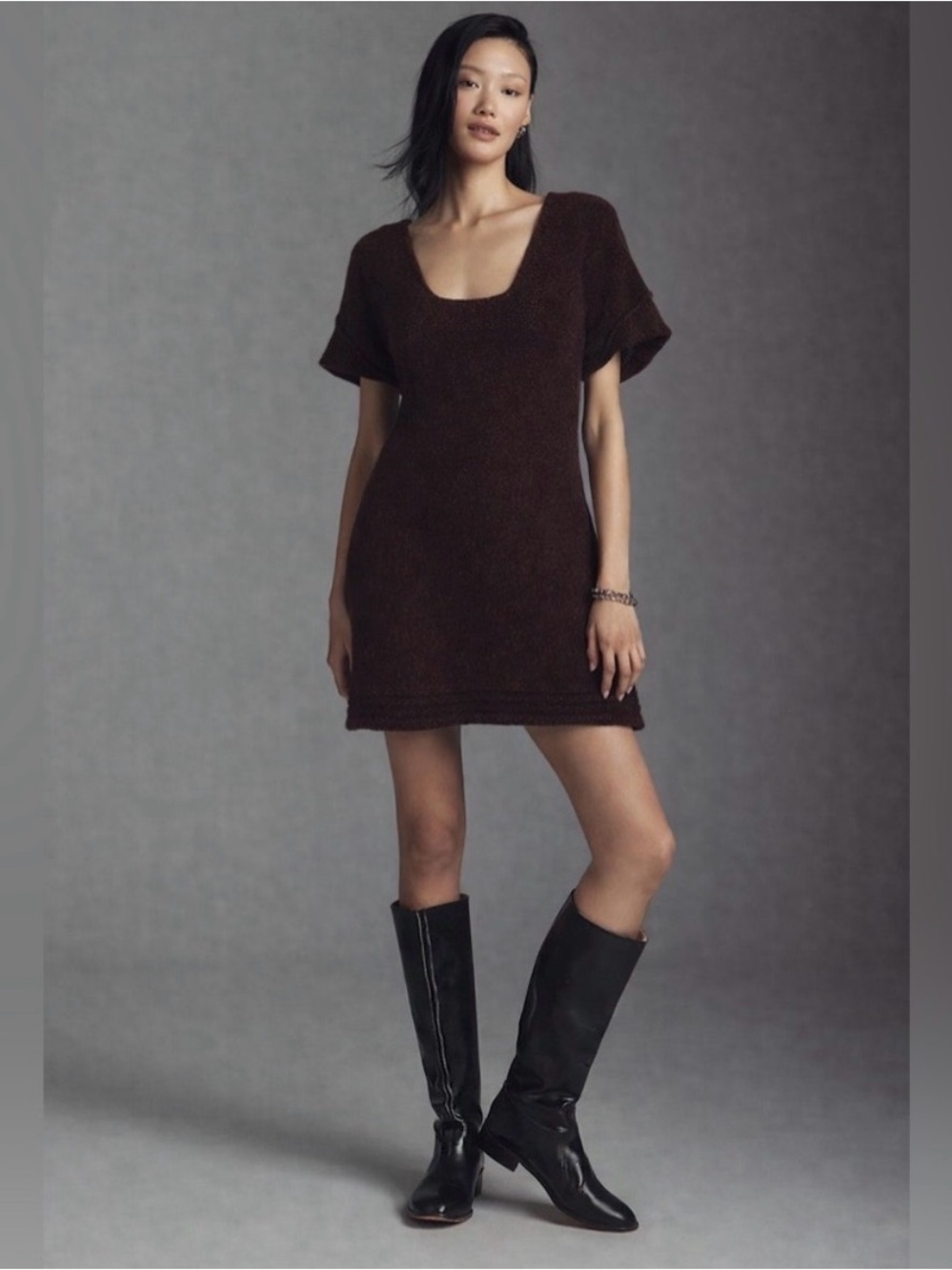 Stella McCartney Dark Brown V-Neck Wool and Cashmere Sweater Dress